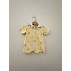 Hartstrings Vintage Baby Yellow Golf Print Polo Romper 12M Preppy Cotton USA